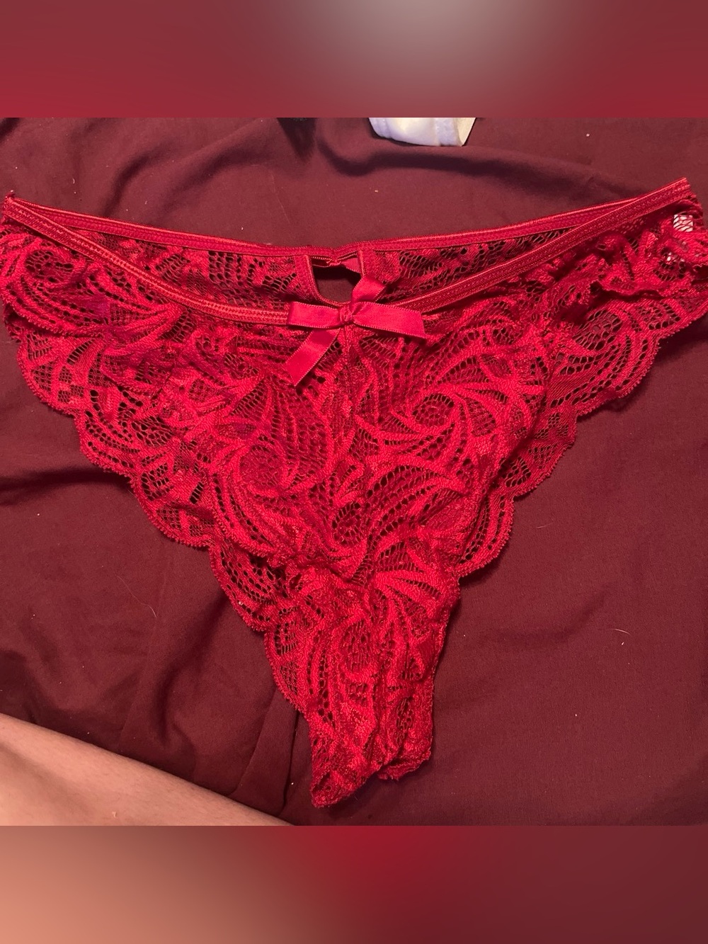 SHEIN Red Floral Lace Bikini Panty with Bow Accent